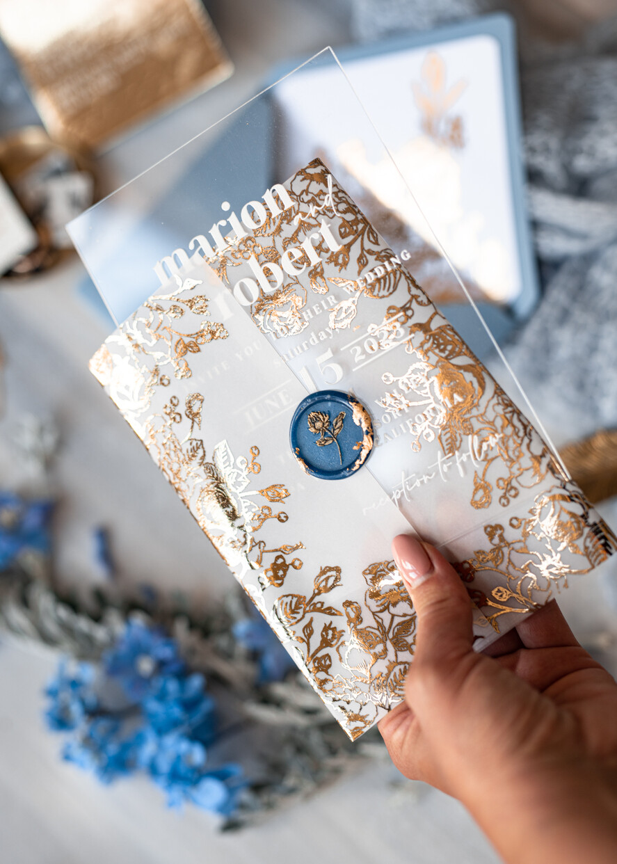 WEDDING INVITATIONS gold / rose gold / silver / glitter Bespoke Acrylic Ice blue wedding invitation, Glamour dusty blue Wedding Invitations, Modern Golden Plexi Wedding Invitation Suite,Boho Glam Wedding Cards wax seal 