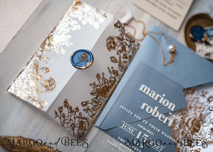 WEDDING INVITATIONS gold / rose gold / silver / glitter Bespoke Acrylic Ice blue wedding invitation, Glamour dusty blue Wedding Invitations, Modern Golden Plexi Wedding Invitation Suite,Boho Glam Wedding Cards wax seal 