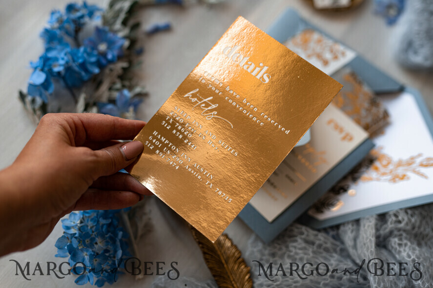 WEDDING INVITATIONS gold / rose gold / silver / glitter Bespoke Acrylic Ice blue wedding invitation, Glamour dusty blue Wedding Invitations, Modern Golden Plexi Wedding Invitation Suite,Boho Glam Wedding Cards wax seal 