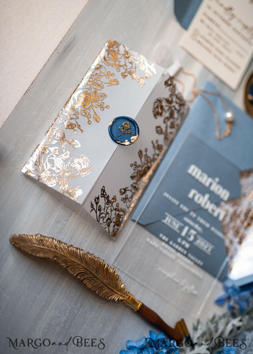 WEDDING INVITATIONS gold / rose gold / silver / glitter Bespoke Acrylic Ice blue wedding invitation, Glamour dusty blue Wedding Invitations, Modern Golden Plexi Wedding Invitation Suite,Boho Glam Wedding Cards wax seal 