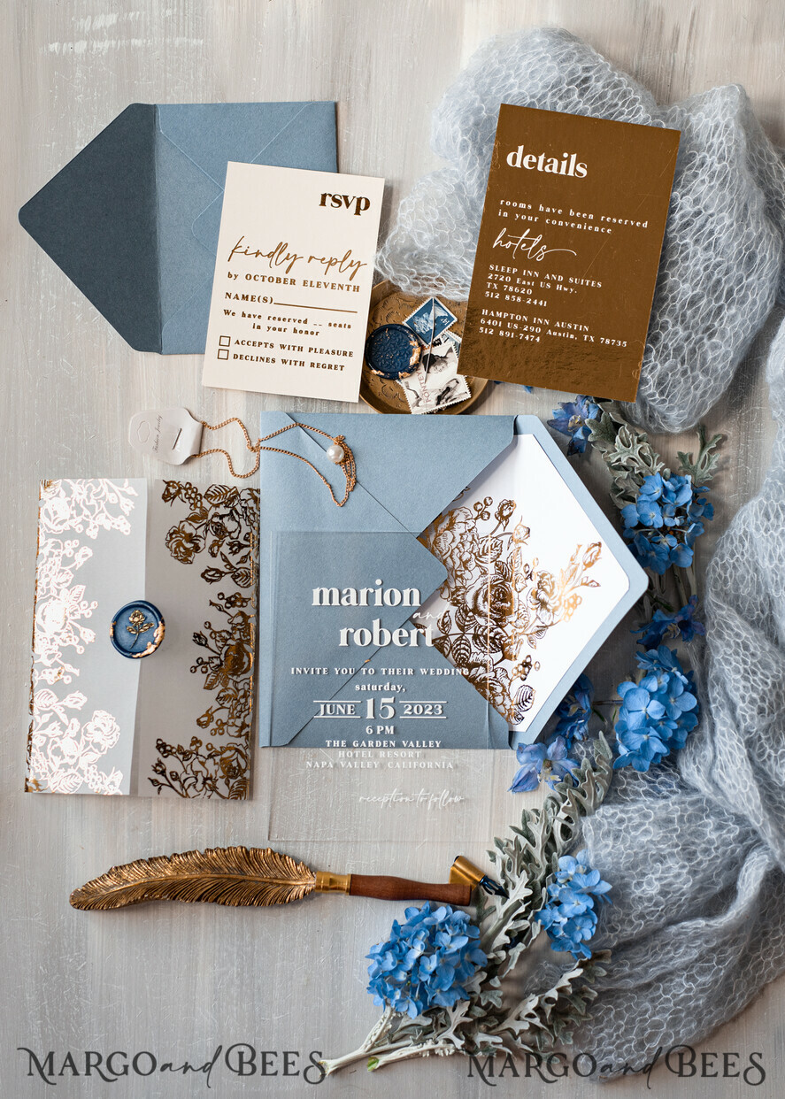 WEDDING INVITATIONS gold / rose gold / silver / glitter Bespoke Acrylic Ice blue wedding invitation, Glamour dusty blue Wedding Invitations, Modern Golden Plexi Wedding Invitation Suite,Boho Glam Wedding Cards wax seal 