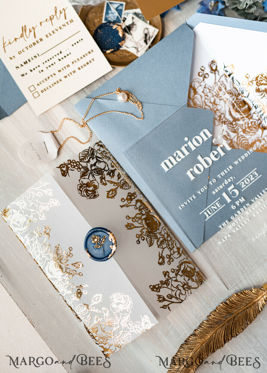 WEDDING INVITATIONS gold / rose gold / silver / glitter Bespoke Acrylic Ice blue wedding invitation, Glamour dusty blue Wedding Invitations, Modern Golden Plexi Wedding Invitation Suite,Boho Glam Wedding Cards wax seal 
