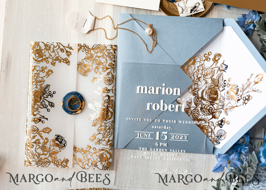 WEDDING INVITATIONS gold / rose gold / silver / glitter Bespoke Acrylic Ice blue wedding invitation, Glamour dusty blue Wedding Invitations, Modern Golden Plexi Wedding Invitation Suite,Boho Glam Wedding Cards wax seal 