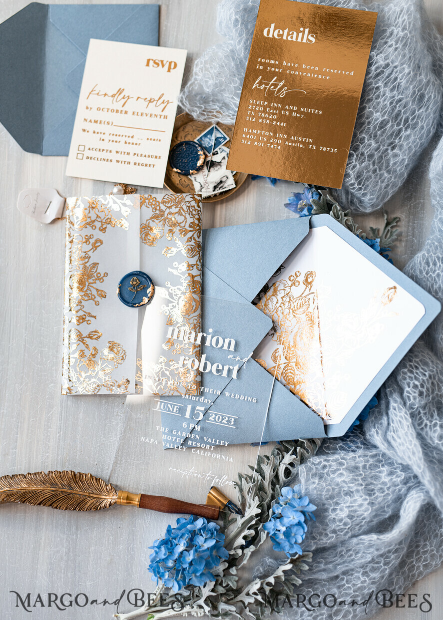 WEDDING INVITATIONS gold / rose gold / silver / glitter Bespoke Acrylic Ice blue wedding invitation, Glamour dusty blue Wedding Invitations, Modern Golden Plexi Wedding Invitation Suite,Boho Glam Wedding Cards wax seal 