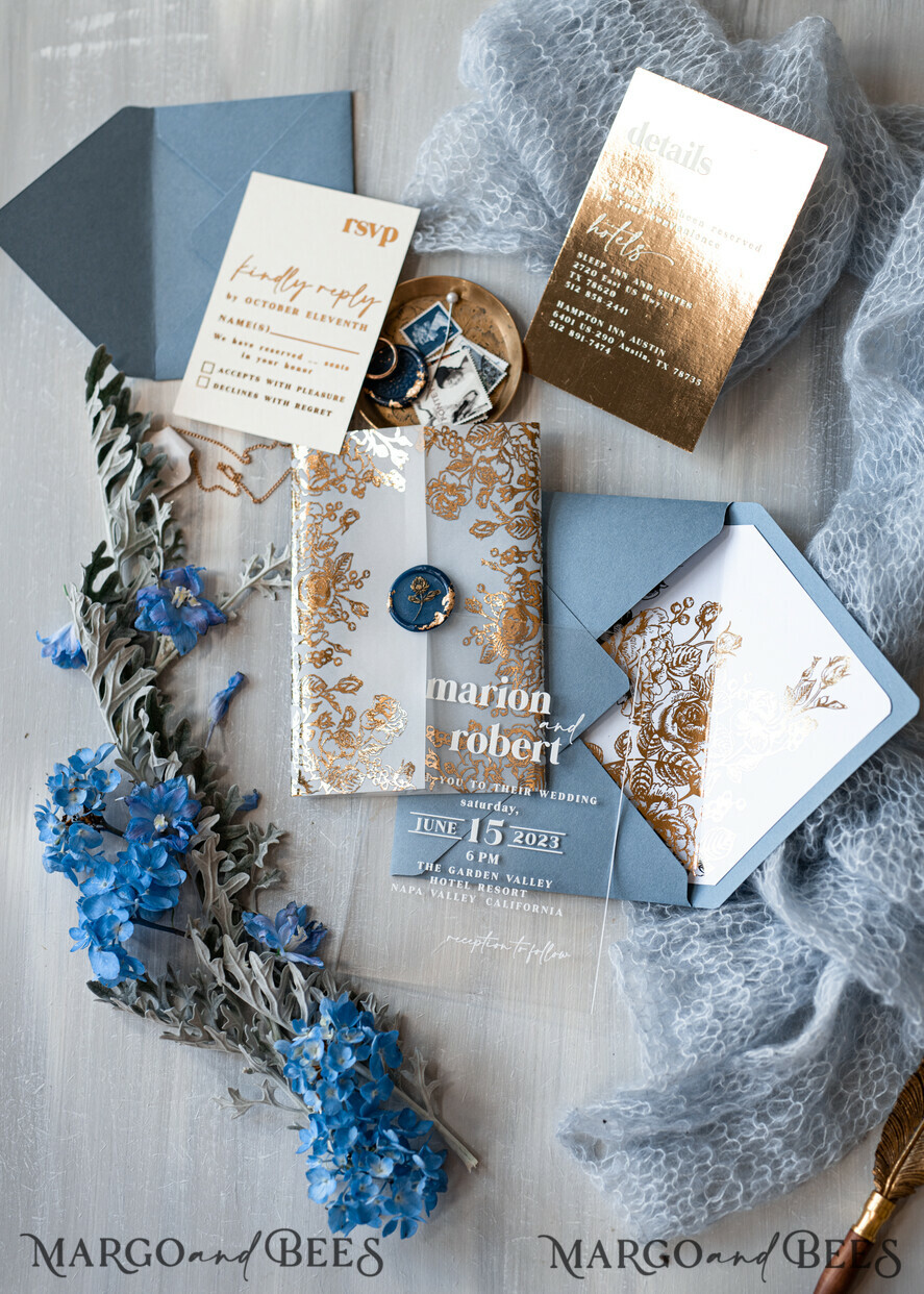 WEDDING INVITATIONS gold / rose gold / silver / glitter Bespoke Acrylic Ice blue wedding invitation, Glamour dusty blue Wedding Invitations, Modern Golden Plexi Wedding Invitation Suite,Boho Glam Wedding Cards wax seal 