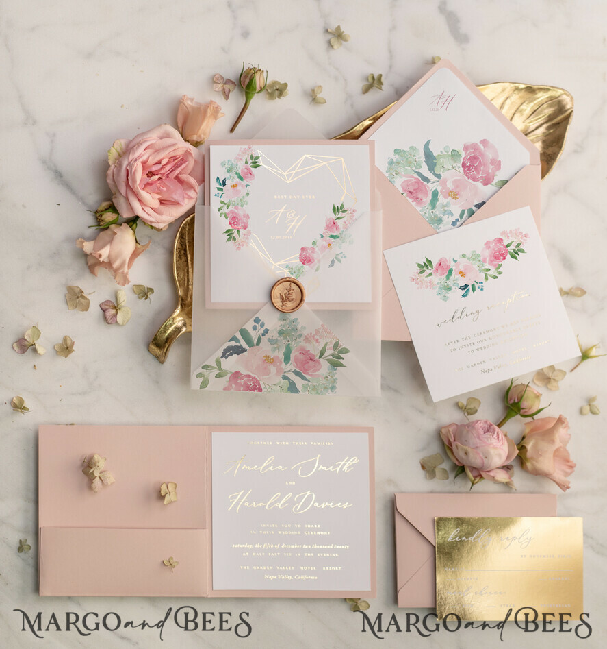 Bespoke Pink And Gold Foil Wedding Invitation Cards Glamour Wedding Floral Invitations Glitter Shiny Invites Luxury Wedding Suite Of 20 Pcs