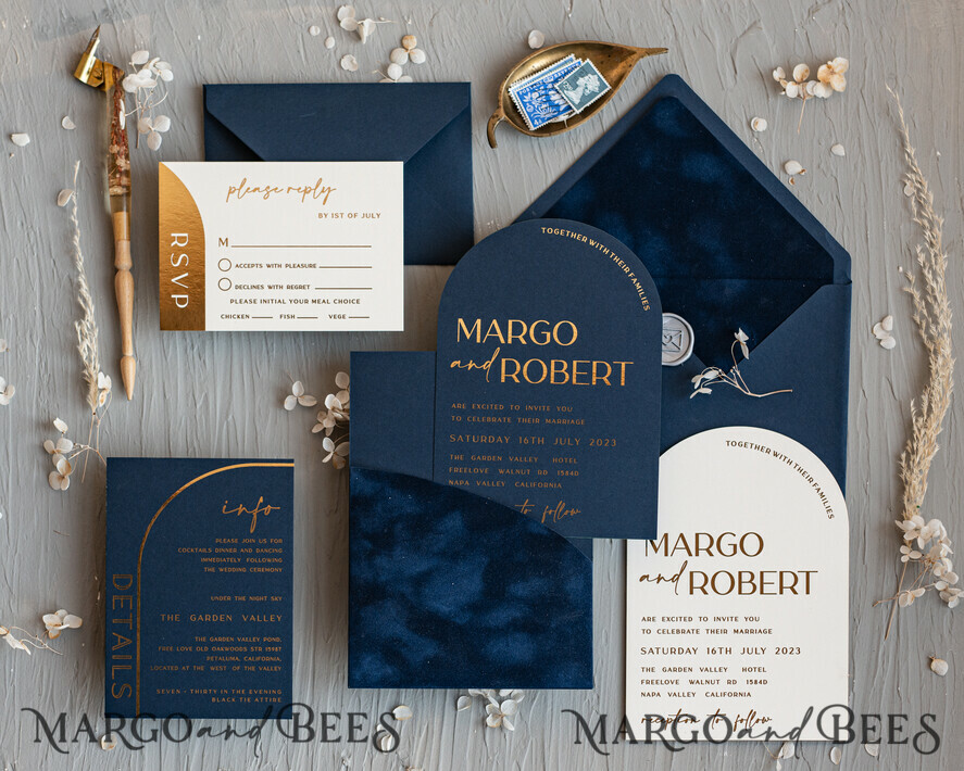Elegant Arch Wedding Invitations Navy Blue, Velvet Pocket Dark 