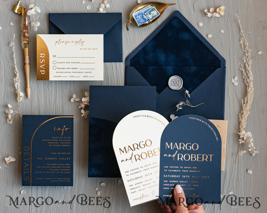 WEDDING INVITATIONS gold / rose gold / silver / glitter Elegant Arch Wedding Invitations Navy Blue, Velvet Pocket Dark blue Gold Modern Wedding, Wedding Invitation Suite, Arch Velvet Pocket Invitation set