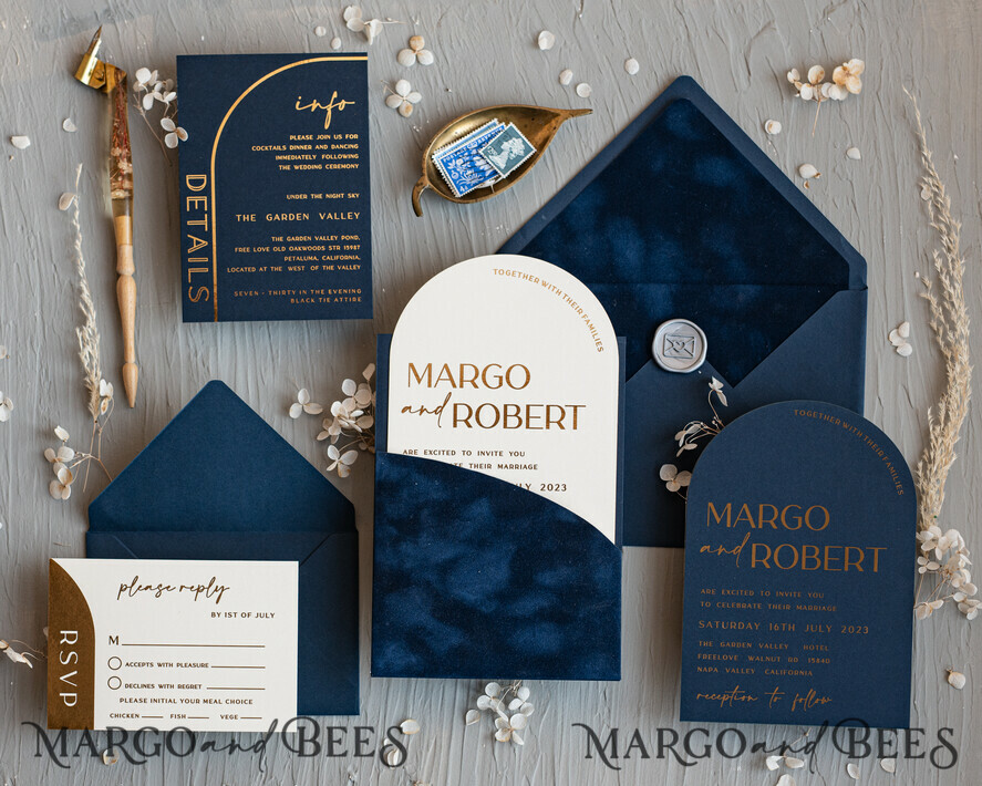 WEDDING INVITATIONS gold / rose gold / silver / glitter Elegant Arch Wedding Invitations Navy Blue, Velvet Pocket Dark blue Gold Modern Wedding, Wedding Invitation Suite, Arch Velvet Pocket Invitation set