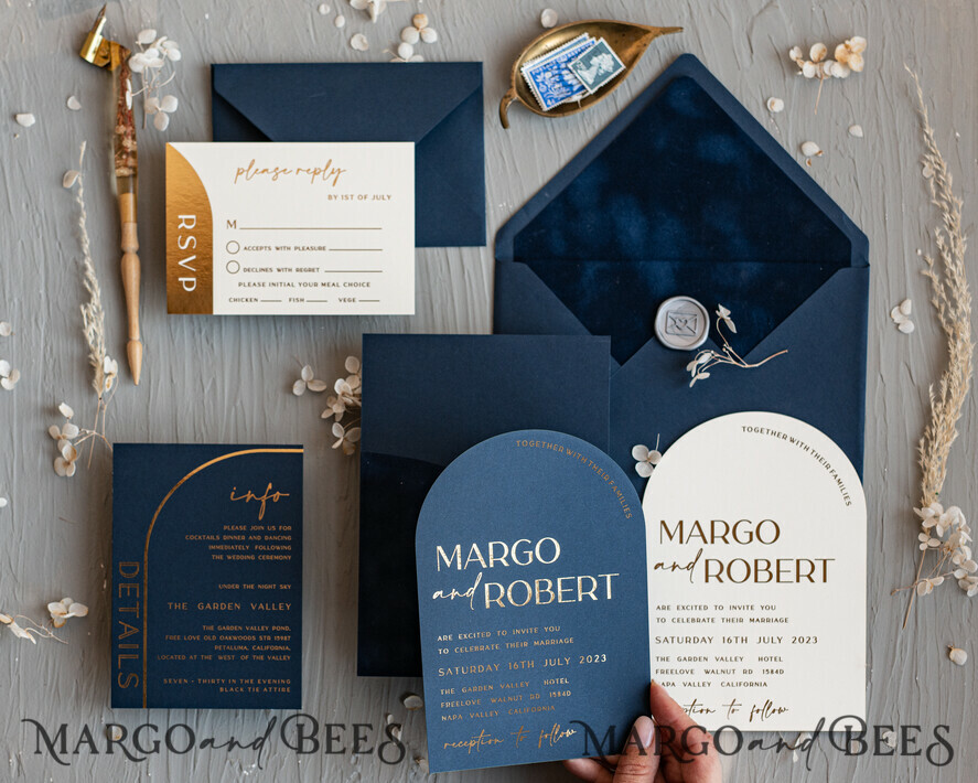 WEDDING INVITATIONS gold / rose gold / silver / glitter Elegant Arch Wedding Invitations Navy Blue, Velvet Pocket Dark blue Gold Modern Wedding, Wedding Invitation Suite, Arch Velvet Pocket Invitation set