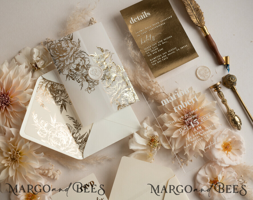 WEDDING INVITATIONS gold / rose gold / silver / glitter Acrylic Wedding invitation suite, Boho Glam Wedding Invitations, Golden Shine Wedding Invitates, Elegant Gold Wedding Cards