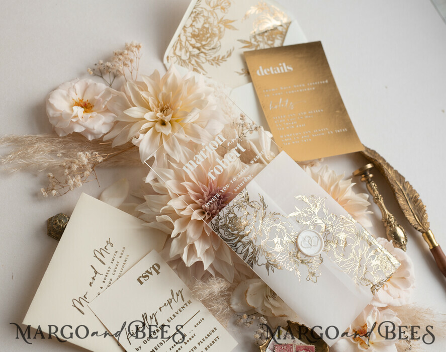 WEDDING INVITATIONS gold / rose gold / silver / glitter Acrylic Wedding invitation suite, Boho Glam Wedding Invitations, Golden Shine Wedding Invitates, Elegant Gold Wedding Cards
