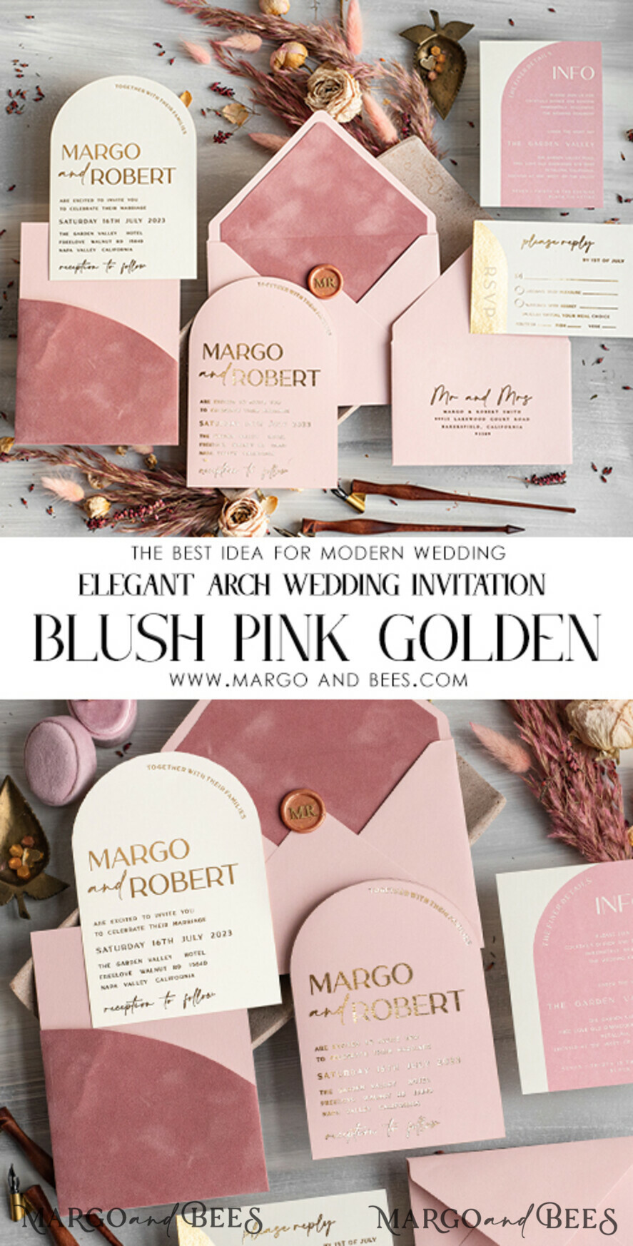 HOCHZEITS EINLADUNGEN Gold / Roségold / Silber / Glitzer Arch Hochzeits Einladungset, Blush Pink Goldene Hochzeitskarten mit Rsvp Samt Tasche, Blush Pink Moderne Hochzeitskarten