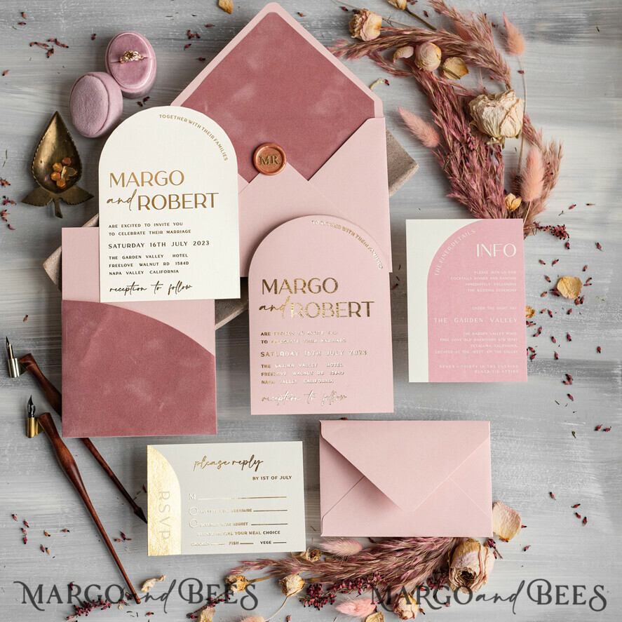 HOCHZEITS EINLADUNGEN Gold / Roségold / Silber / Glitzer Arch Hochzeits Einladungset, Blush Pink Goldene Hochzeitskarten mit Rsvp Samt Tasche, Blush Pink Moderne Hochzeitskarten