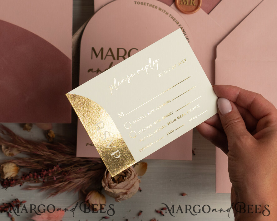 HOCHZEITS EINLADUNGEN Gold / Roségold / Silber / Glitzer Arch Hochzeits Einladungset, Blush Pink Goldene Hochzeitskarten mit Rsvp Samt Tasche, Blush Pink Moderne Hochzeitskarten