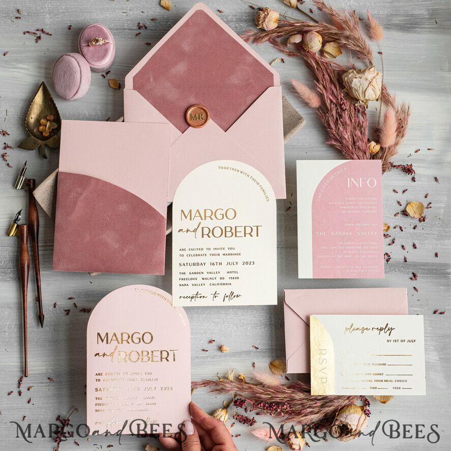 HOCHZEITS EINLADUNGEN Gold / Roségold / Silber / Glitzer Arch Hochzeits Einladungset, Blush Pink Goldene Hochzeitskarten mit Rsvp Samt Tasche, Blush Pink Moderne Hochzeitskarten