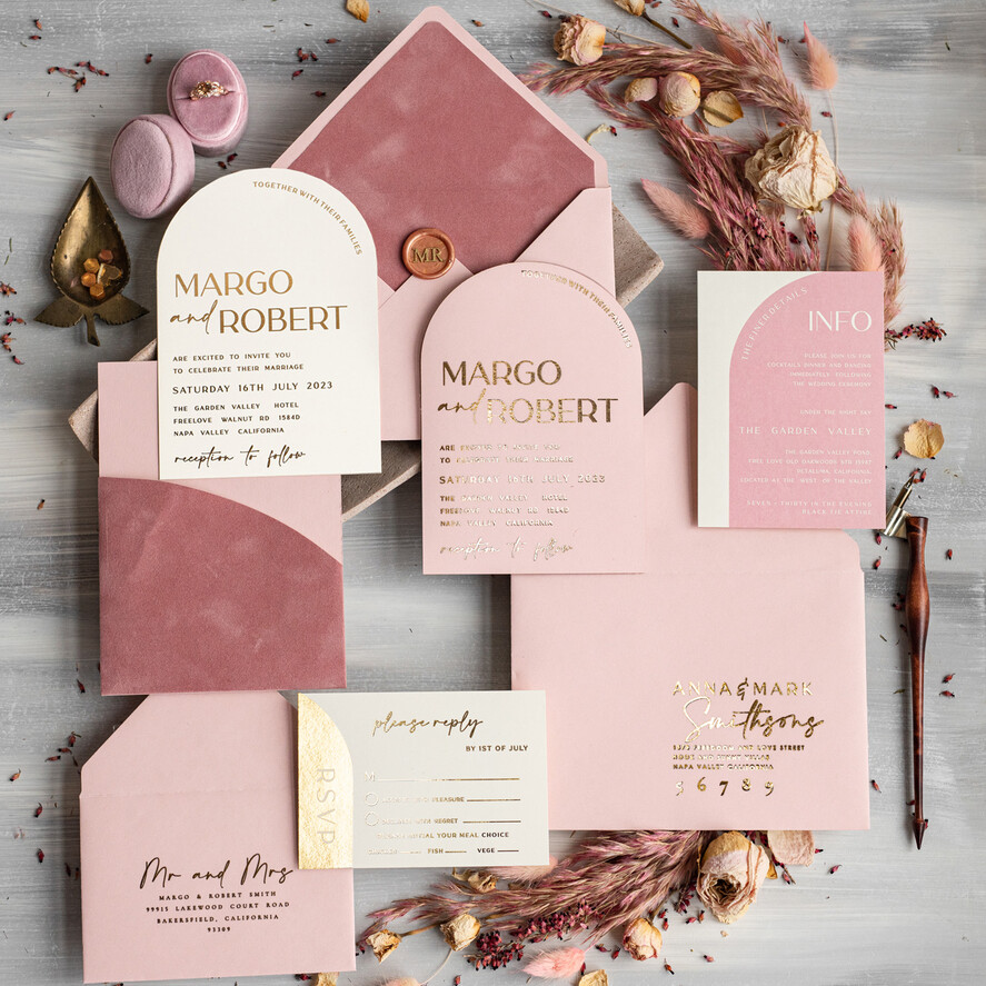 HOCHZEITS EINLADUNGEN Gold / Roségold / Silber / Glitzer Arch Hochzeits Einladungset, Blush Pink Goldene Hochzeitskarten mit Rsvp Samt Tasche, Blush Pink Moderne Hochzeitskarten