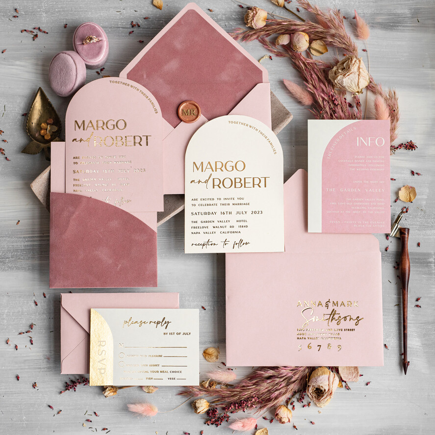 HOCHZEITS EINLADUNGEN Gold / Roségold / Silber / Glitzer Arch Hochzeits Einladungset, Blush Pink Goldene Hochzeitskarten mit Rsvp Samt Tasche, Blush Pink Moderne Hochzeitskarten
