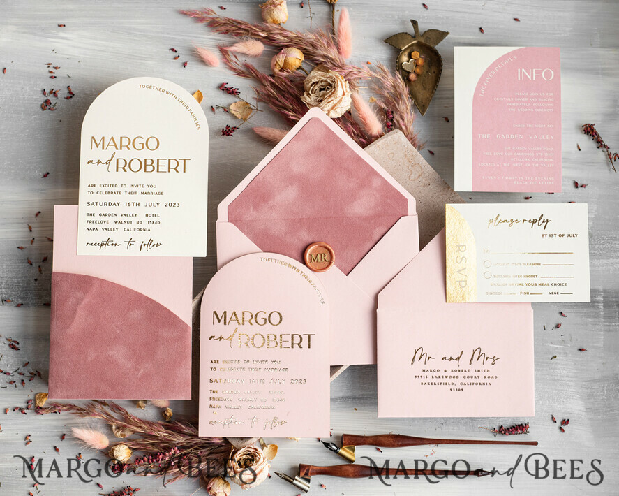 HOCHZEITS EINLADUNGEN Gold / Roségold / Silber / Glitzer Arch Hochzeits Einladungset, Blush Pink Goldene Hochzeitskarten mit Rsvp Samt Tasche, Blush Pink Moderne Hochzeitskarten