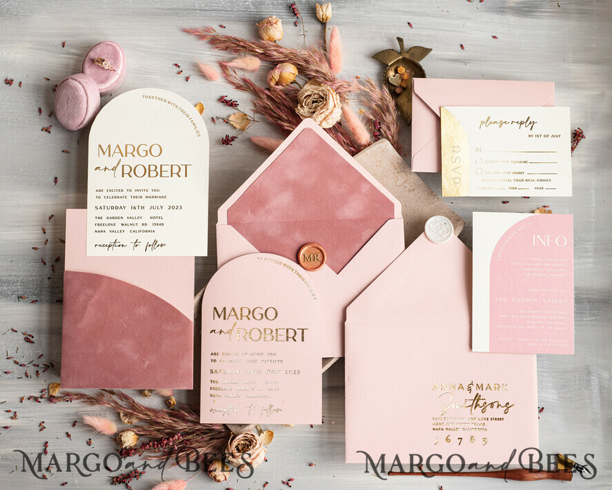 HOCHZEITS EINLADUNGEN Gold / Roségold / Silber / Glitzer Arch Hochzeits Einladungset, Blush Pink Goldene Hochzeitskarten mit Rsvp Samt Tasche, Blush Pink Moderne Hochzeitskarten