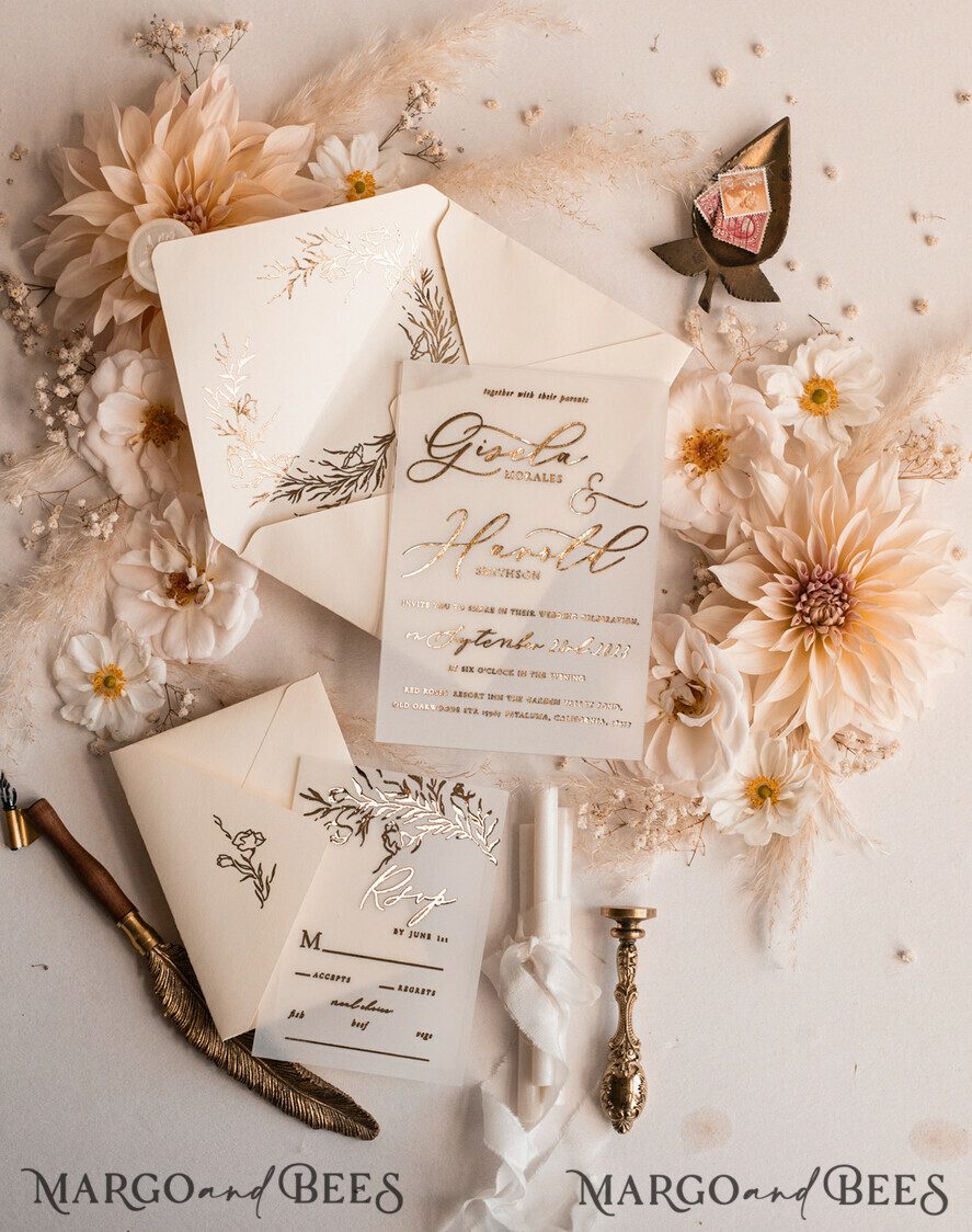 WEDDING INVITATIONS gold / rose gold / silver / glitter Boho Golden Ivory Wedding Invitations, Vellum Gold Wedding Cards, fine art  Wedding Invitation Suite, Bespoke Wedding Stationery