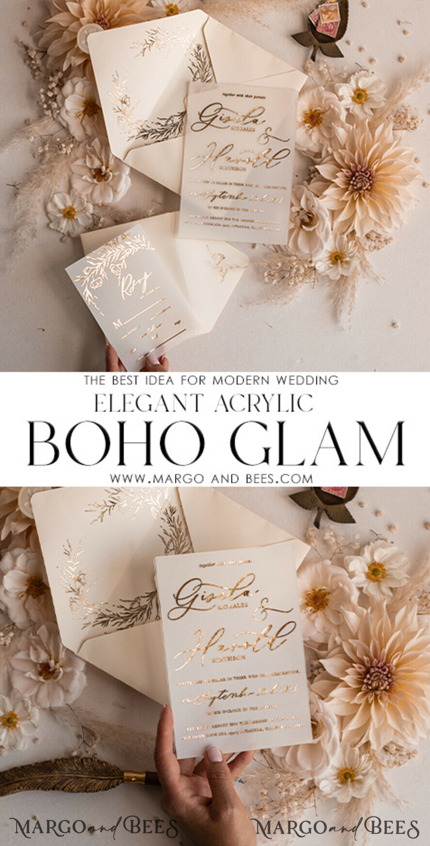 WEDDING INVITATIONS gold / rose gold / silver / glitter Boho Golden Ivory Wedding Invitations, Vellum Gold Wedding Cards, fine art  Wedding Invitation Suite, Bespoke Wedding Stationery