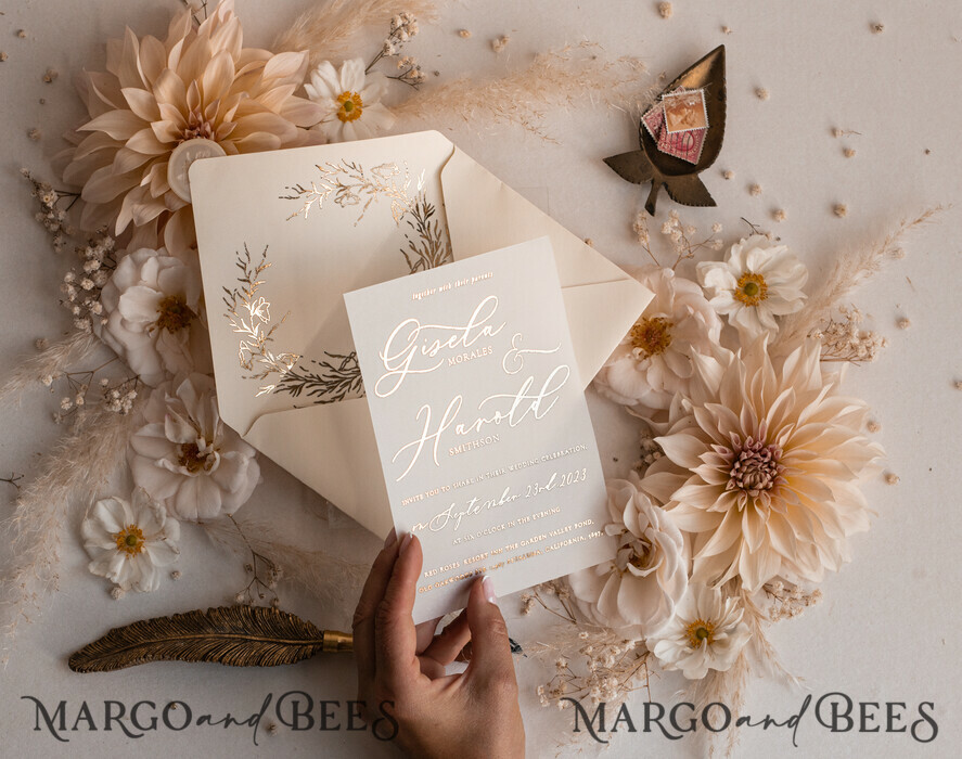 WEDDING INVITATIONS gold / rose gold / silver / glitter Boho Golden Ivory Wedding Invitations, Vellum Gold Wedding Cards, fine art  Wedding Invitation Suite, Bespoke Wedding Stationery