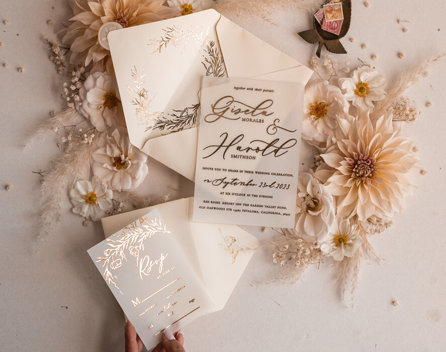 WEDDING INVITATIONS gold / rose gold / silver / glitter Boho Golden Ivory Wedding Invitations, Vellum Gold Wedding Cards, fine art  Wedding Invitation Suite, Bespoke Wedding Stationery