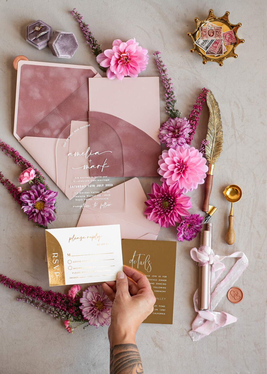 WEDDING INVITATIONS gold / rose gold / silver / glitter Arch Gold Acrylic wedding invitation suite, Velvet Pocket  Blush Pink Wedding Invites, Boho Wedding Invitations