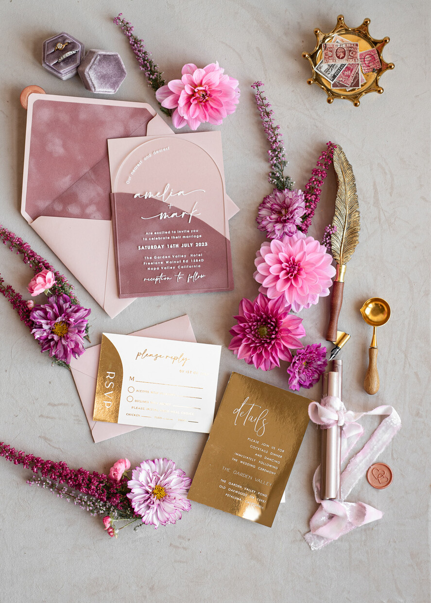 WEDDING INVITATIONS gold / rose gold / silver / glitter Arch Gold Acrylic wedding invitation suite, Velvet Pocket  Blush Pink Wedding Invites, Boho Wedding Invitations