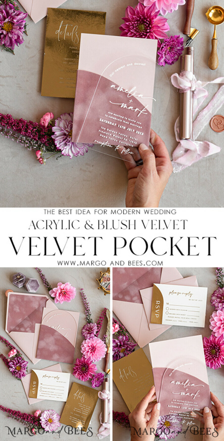 WEDDING INVITATIONS gold / rose gold / silver / glitter Arch Gold Acrylic wedding invitation suite, Velvet Pocket  Blush Pink Wedding Invites, Boho Wedding Invitations