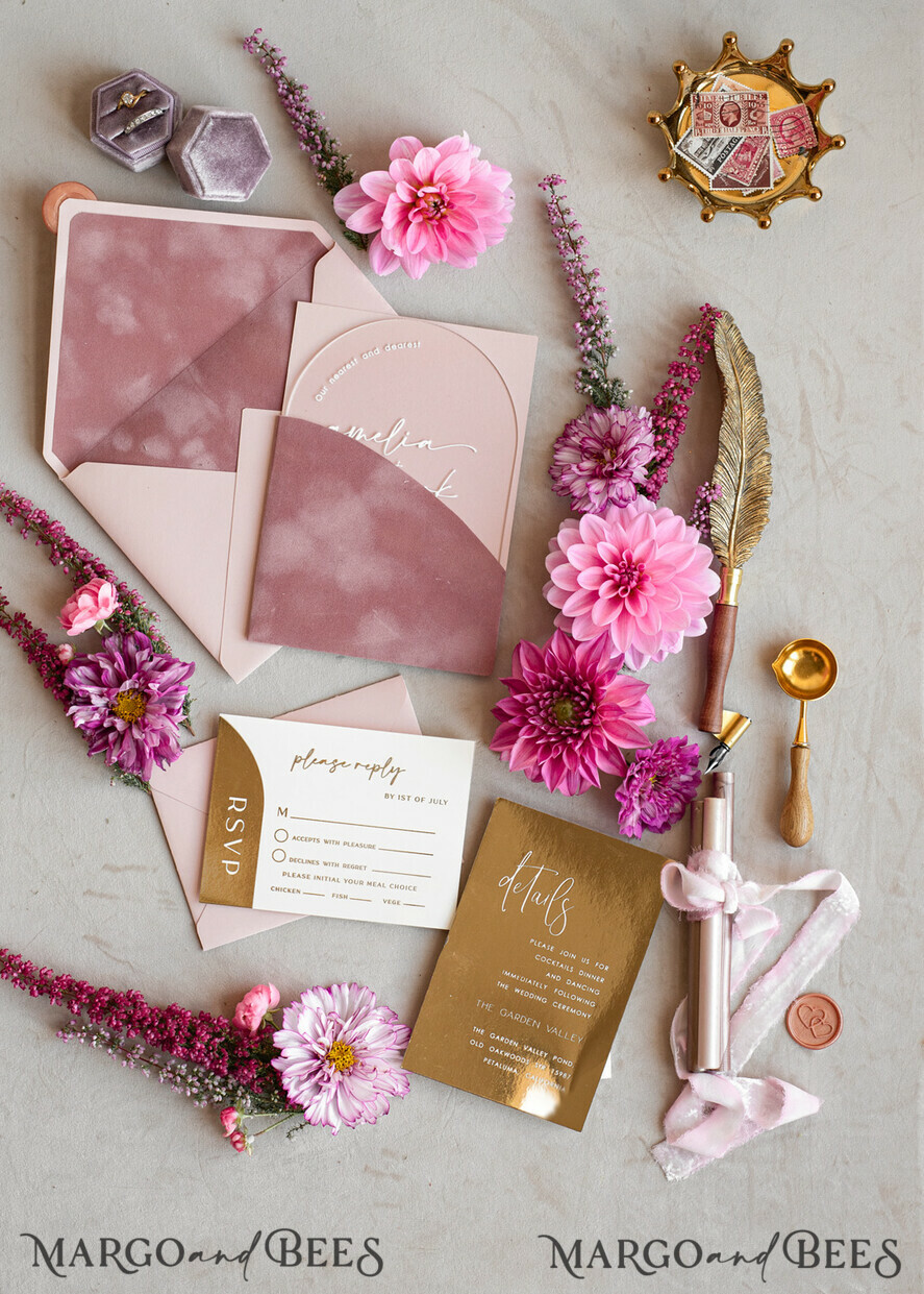 WEDDING INVITATIONS gold / rose gold / silver / glitter Arch Gold Acrylic wedding invitation suite, Velvet Pocket  Blush Pink Wedding Invites, Boho Wedding Invitations