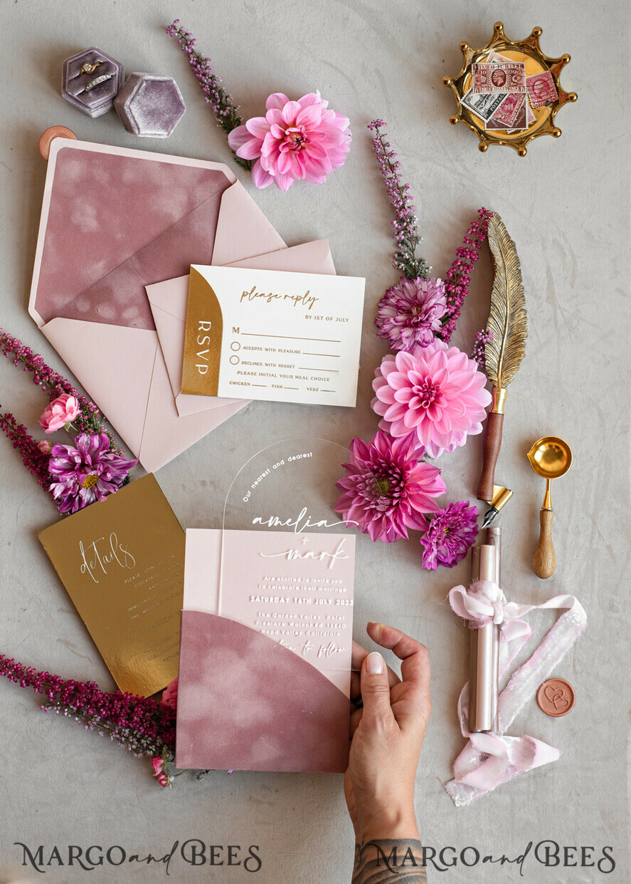 WEDDING INVITATIONS gold / rose gold / silver / glitter Arch Gold Acrylic wedding invitation suite, Velvet Pocket  Blush Pink Wedding Invites, Boho Wedding Invitations