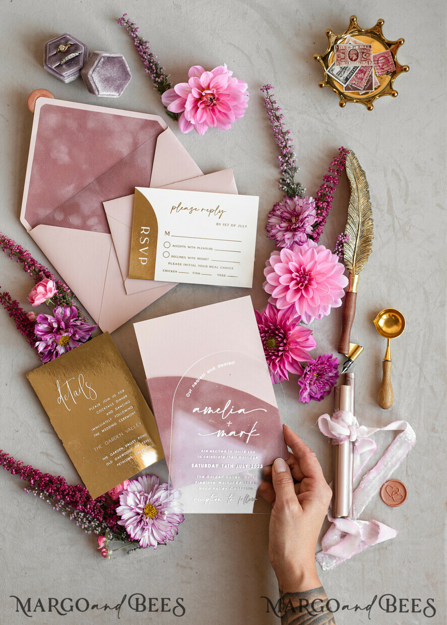WEDDING INVITATIONS gold / rose gold / silver / glitter Arch Gold Acrylic wedding invitation suite, Velvet Pocket  Blush Pink Wedding Invites, Boho Wedding Invitations