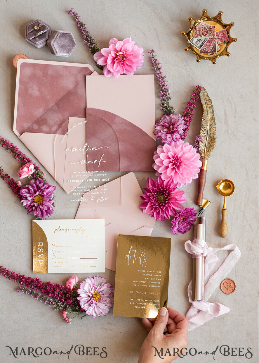 WEDDING INVITATIONS gold / rose gold / silver / glitter Arch Gold Acrylic wedding invitation suite, Velvet Pocket  Blush Pink Wedding Invites, Boho Wedding Invitations