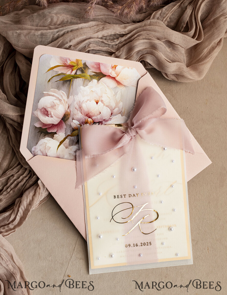 WEDDING INVITATIONS gold / rose gold / silver / glitter Blush Pink Chiffon bow beaded bespoke Elegant Peony Rose Gold Wedding Invitation Suite, White Perls Golden Wedding Cards, Boho golden folder Wedding Stationery, Vellum etui with monogram