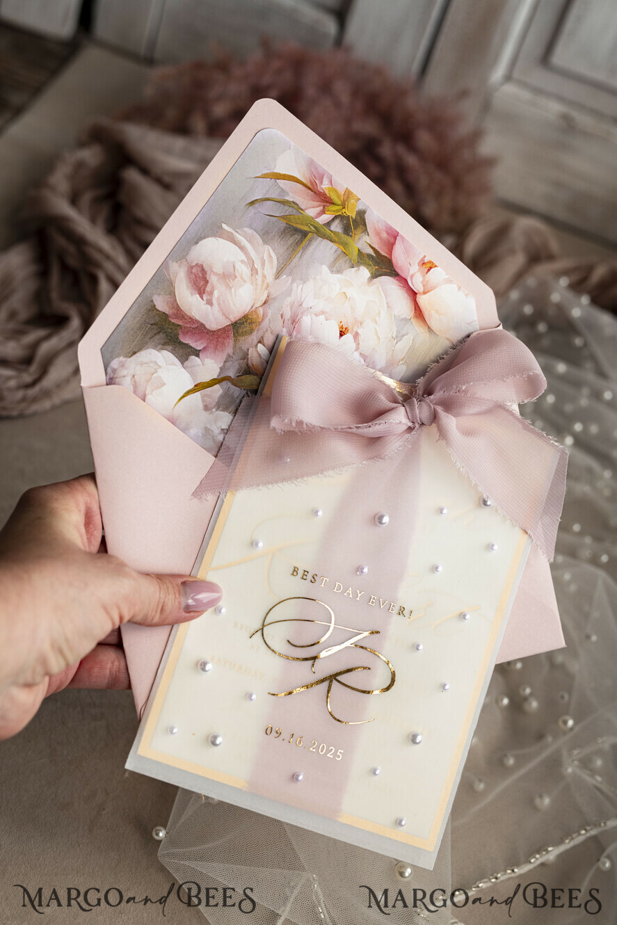 WEDDING INVITATIONS gold / rose gold / silver / glitter Blush Pink Chiffon bow beaded bespoke Elegant Peony Rose Gold Wedding Invitation Suite, White Perls Golden Wedding Cards, Boho golden folder Wedding Stationery, Vellum etui with monogram
