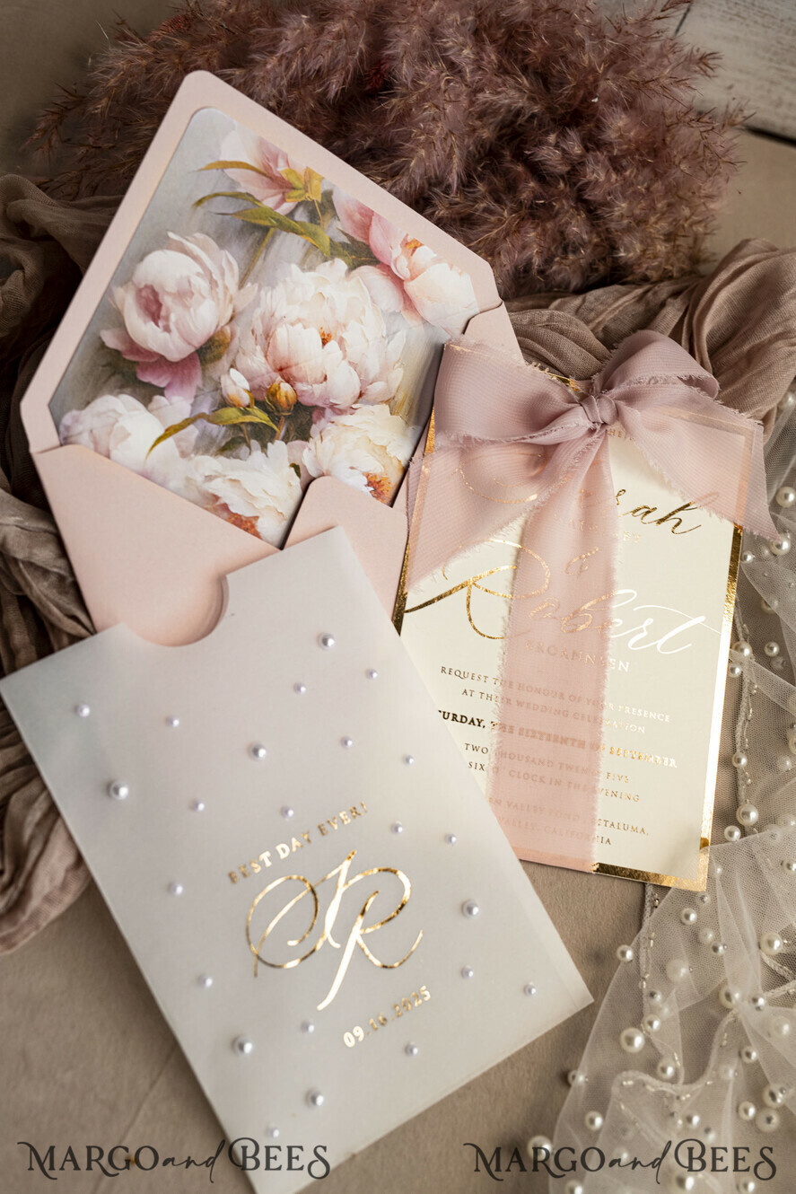 WEDDING INVITATIONS gold / rose gold / silver / glitter Blush Pink Chiffon bow beaded bespoke Elegant Peony Rose Gold Wedding Invitation Suite, White Perls Golden Wedding Cards, Boho golden folder Wedding Stationery, Vellum etui with monogram
