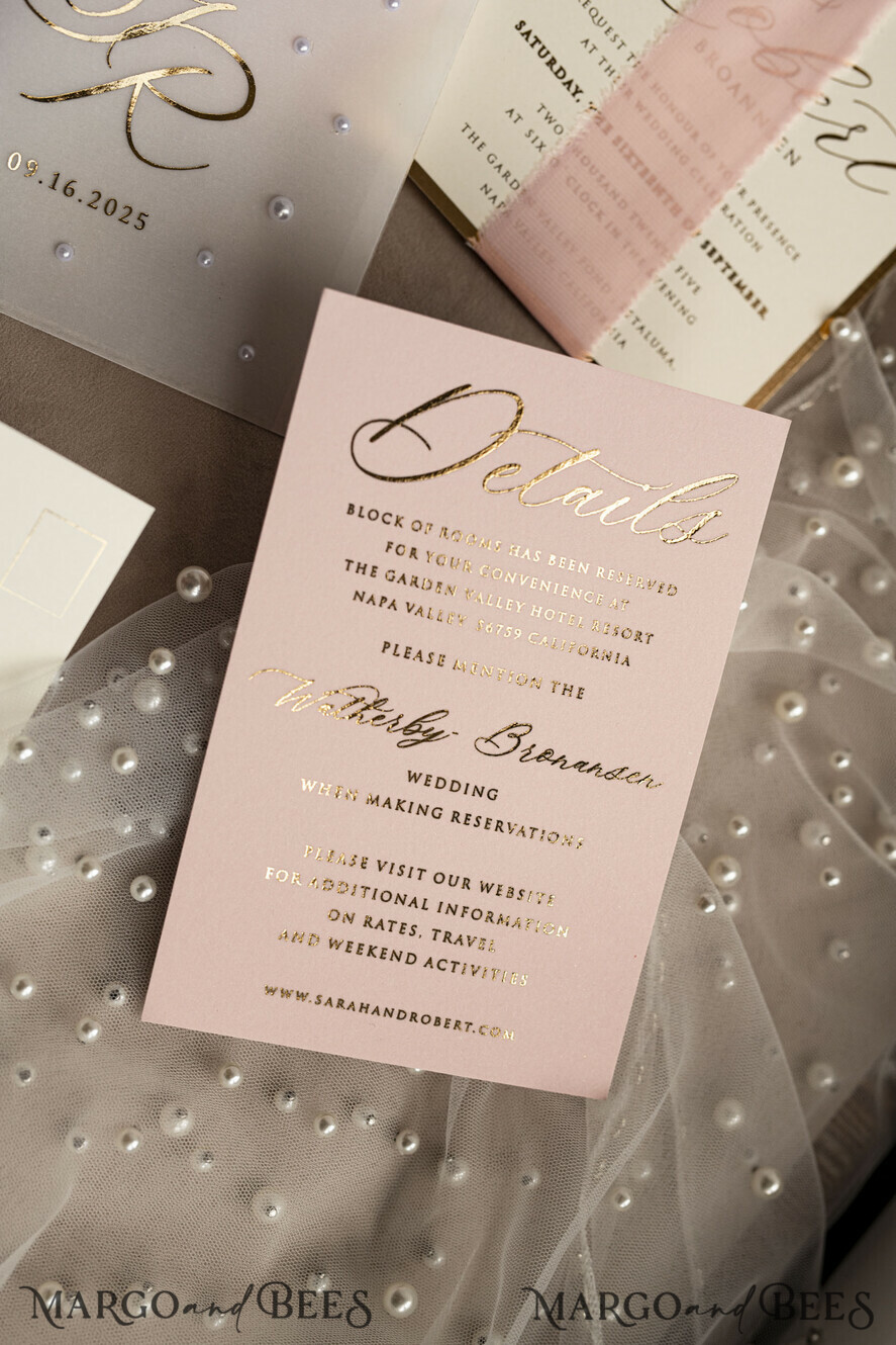 WEDDING INVITATIONS gold / rose gold / silver / glitter Blush Pink Chiffon bow beaded bespoke Elegant Peony Rose Gold Wedding Invitation Suite, White Perls Golden Wedding Cards, Boho golden folder Wedding Stationery, Vellum etui with monogram
