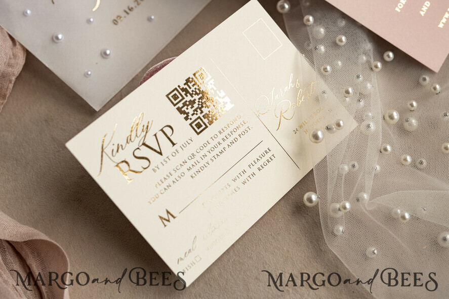 WEDDING INVITATIONS gold / rose gold / silver / glitter Blush Pink Chiffon bow beaded bespoke Elegant Peony Rose Gold Wedding Invitation Suite, White Perls Golden Wedding Cards, Boho golden folder Wedding Stationery, Vellum etui with monogram