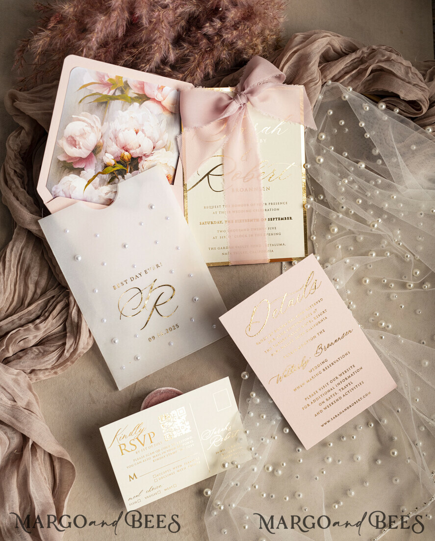 WEDDING INVITATIONS gold / rose gold / silver / glitter Blush Pink Chiffon bow beaded bespoke Elegant Peony Rose Gold Wedding Invitation Suite, White Perls Golden Wedding Cards, Boho golden folder Wedding Stationery, Vellum etui with monogram