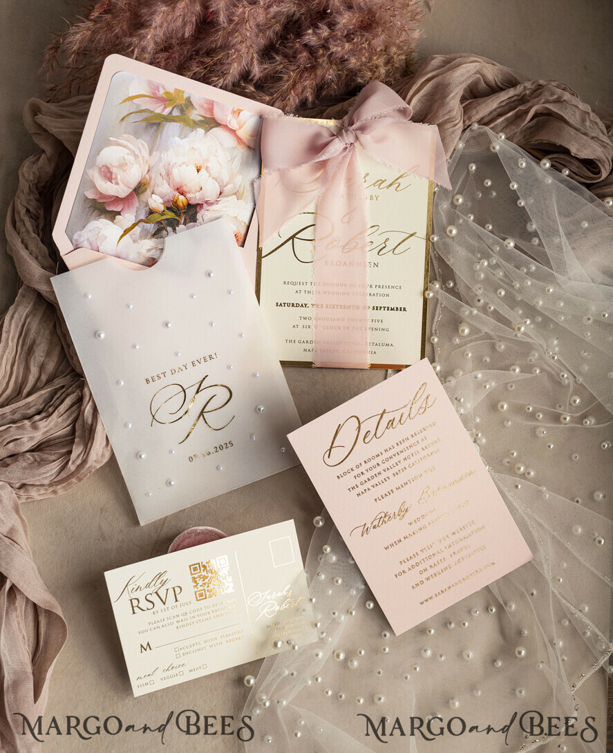 WEDDING INVITATIONS gold / rose gold / silver / glitter Blush Pink Chiffon bow beaded bespoke Elegant Peony Rose Gold Wedding Invitation Suite, White Perls Golden Wedding Cards, Boho golden folder Wedding Stationery, Vellum etui with monogram
