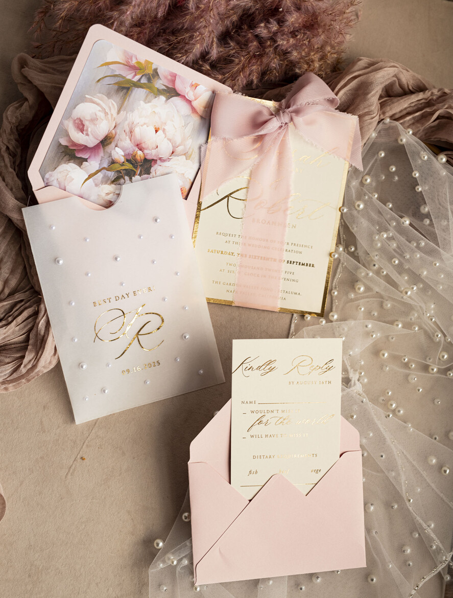 WEDDING INVITATIONS gold / rose gold / silver / glitter Blush Pink Chiffon bow beaded bespoke Elegant Peony Rose Gold Wedding Invitation Suite, White Perls Golden Wedding Cards, Boho golden folder Wedding Stationery, Vellum etui with monogram