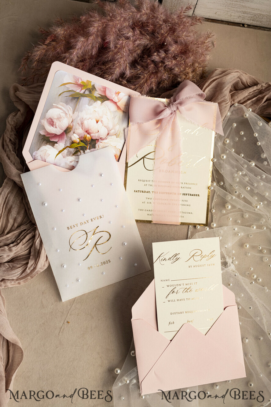 WEDDING INVITATIONS gold / rose gold / silver / glitter Blush Pink Chiffon bow beaded bespoke Elegant Peony Rose Gold Wedding Invitation Suite, White Perls Golden Wedding Cards, Boho golden folder Wedding Stationery, Vellum etui with monogram