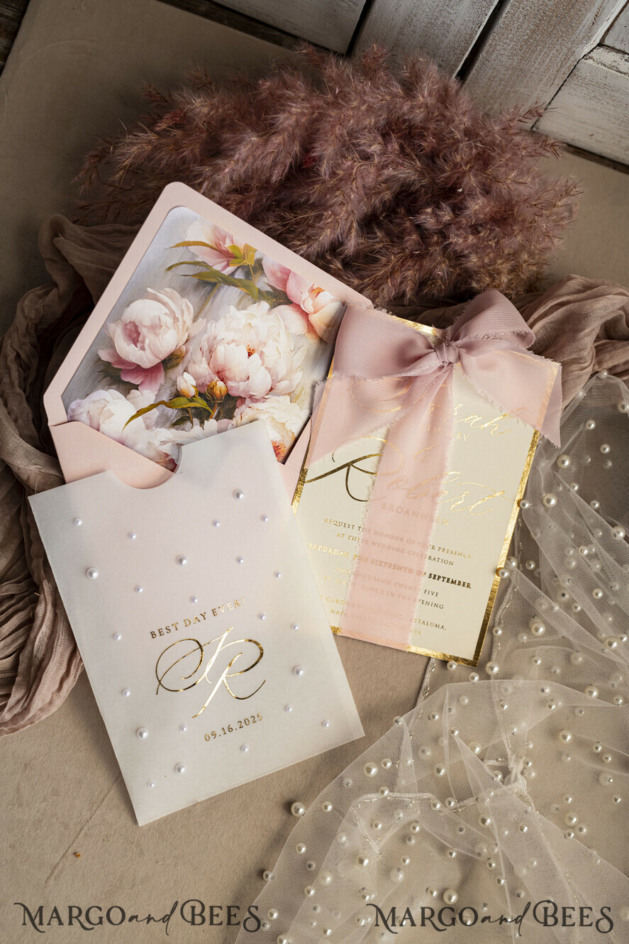 WEDDING INVITATIONS gold / rose gold / silver / glitter Blush Pink Chiffon bow beaded bespoke Elegant Peony Rose Gold Wedding Invitation Suite, White Perls Golden Wedding Cards, Boho golden folder Wedding Stationery, Vellum etui with monogram