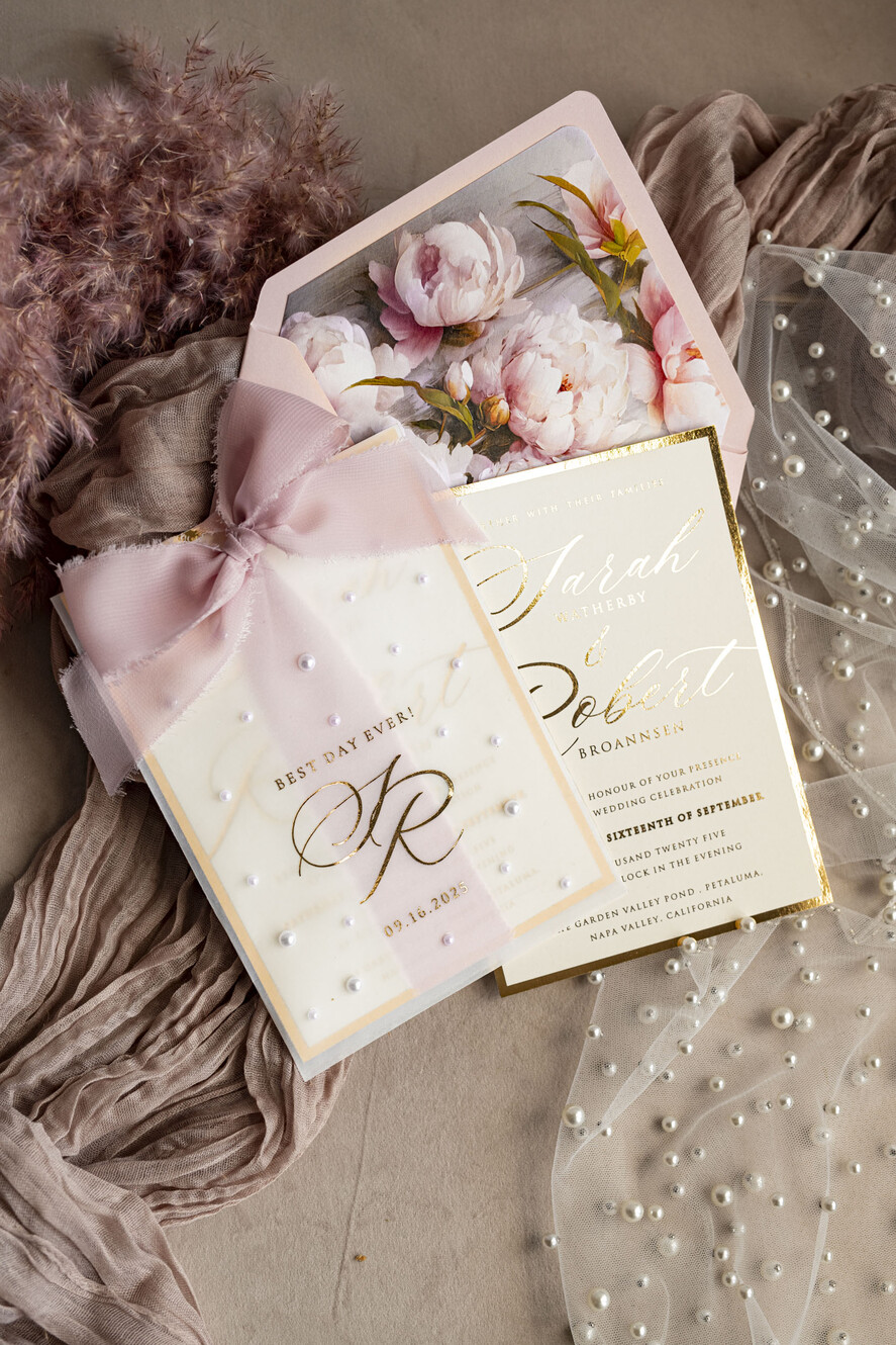 WEDDING INVITATIONS gold / rose gold / silver / glitter Blush Pink Chiffon bow beaded bespoke Elegant Peony Rose Gold Wedding Invitation Suite, White Perls Golden Wedding Cards, Boho golden folder Wedding Stationery, Vellum etui with monogram
