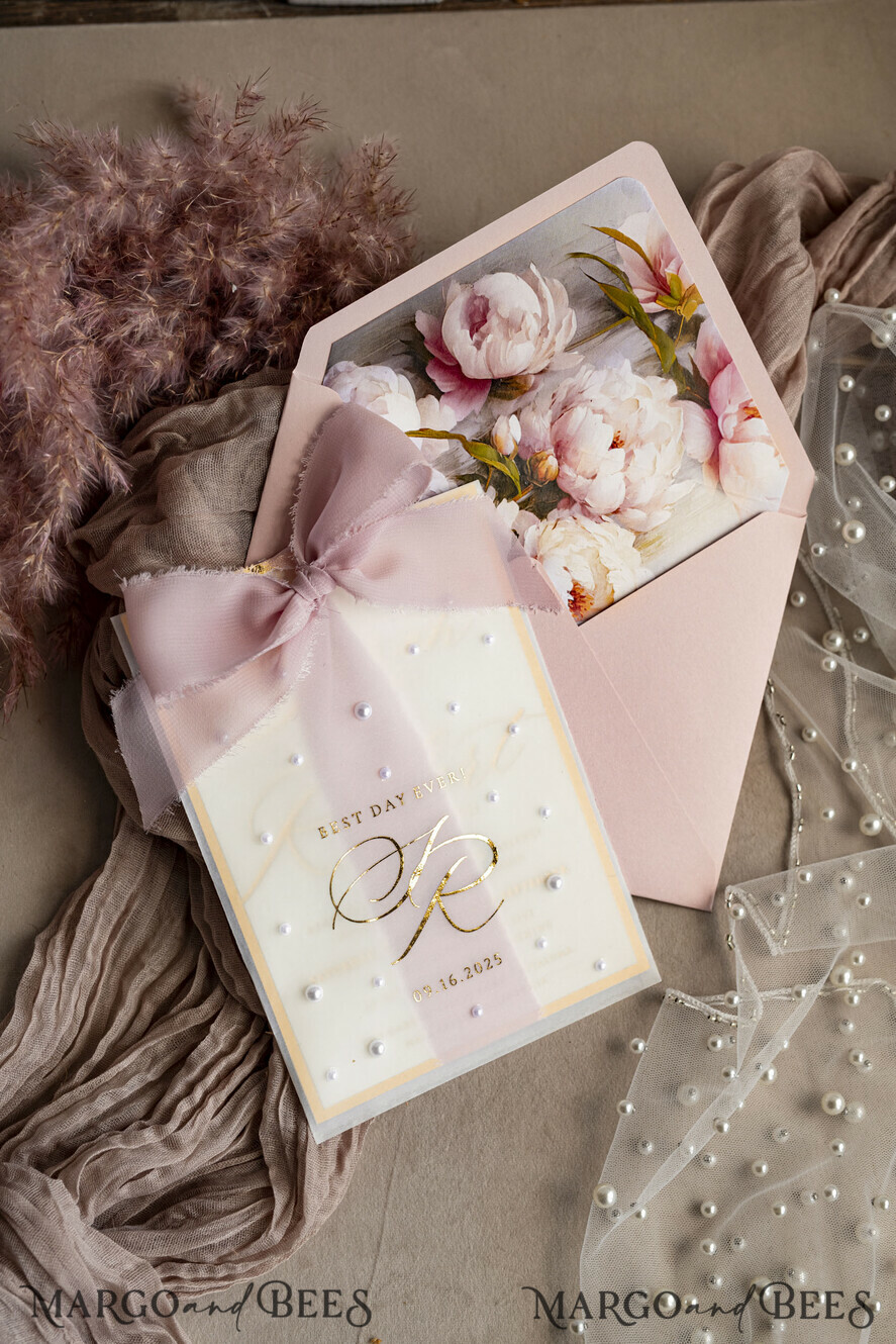 WEDDING INVITATIONS gold / rose gold / silver / glitter Blush Pink Chiffon bow beaded bespoke Elegant Peony Rose Gold Wedding Invitation Suite, White Perls Golden Wedding Cards, Boho golden folder Wedding Stationery, Vellum etui with monogram