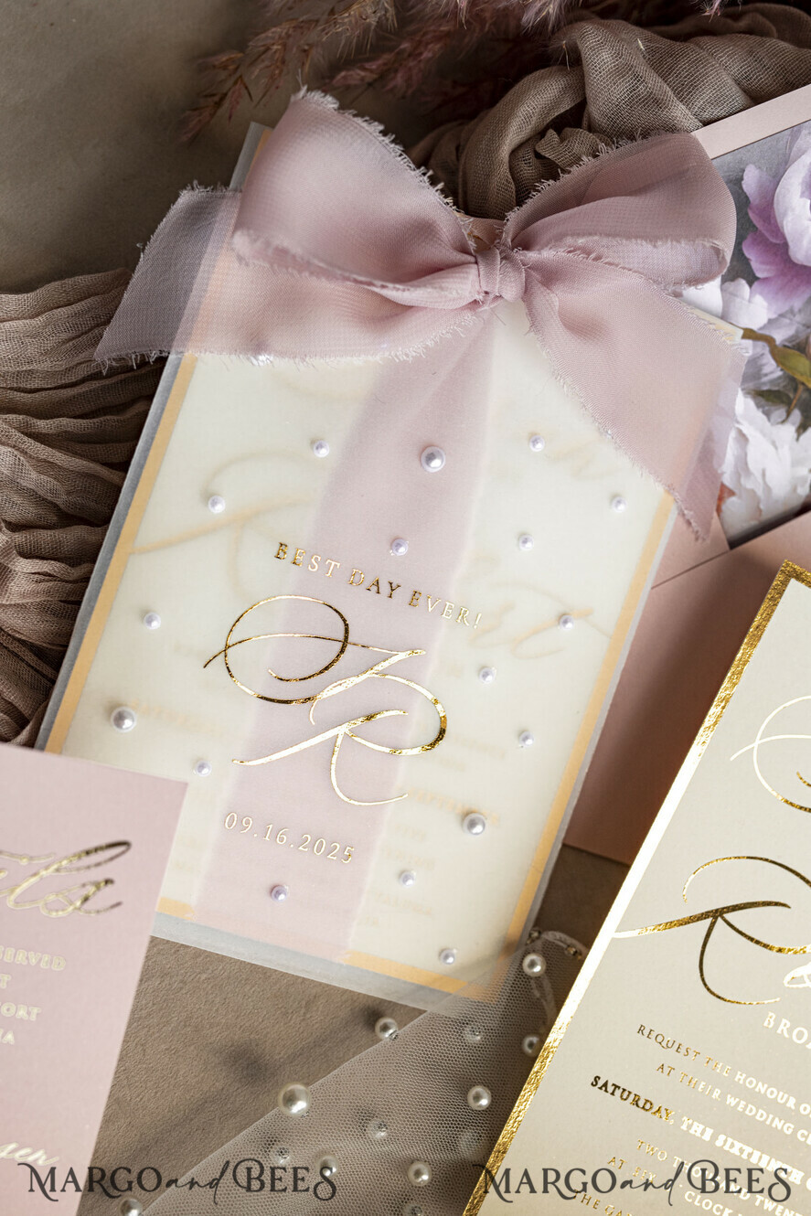 WEDDING INVITATIONS gold / rose gold / silver / glitter Blush Pink Chiffon bow beaded bespoke Elegant Peony Rose Gold Wedding Invitation Suite, White Perls Golden Wedding Cards, Boho golden folder Wedding Stationery, Vellum etui with monogram