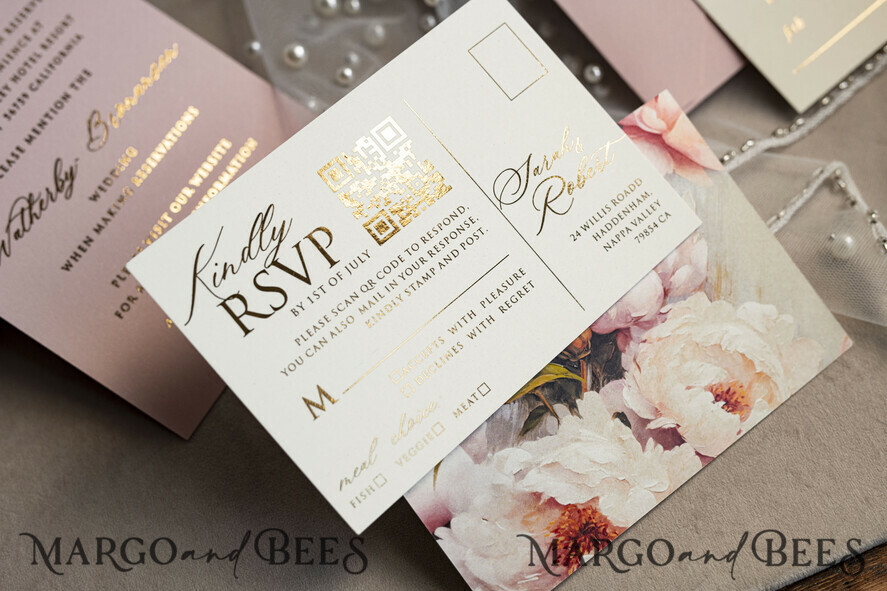 WEDDING INVITATIONS gold / rose gold / silver / glitter Blush Pink Chiffon bow beaded bespoke Elegant Peony Rose Gold Wedding Invitation Suite, White Perls Golden Wedding Cards, Boho golden folder Wedding Stationery, Vellum etui with monogram