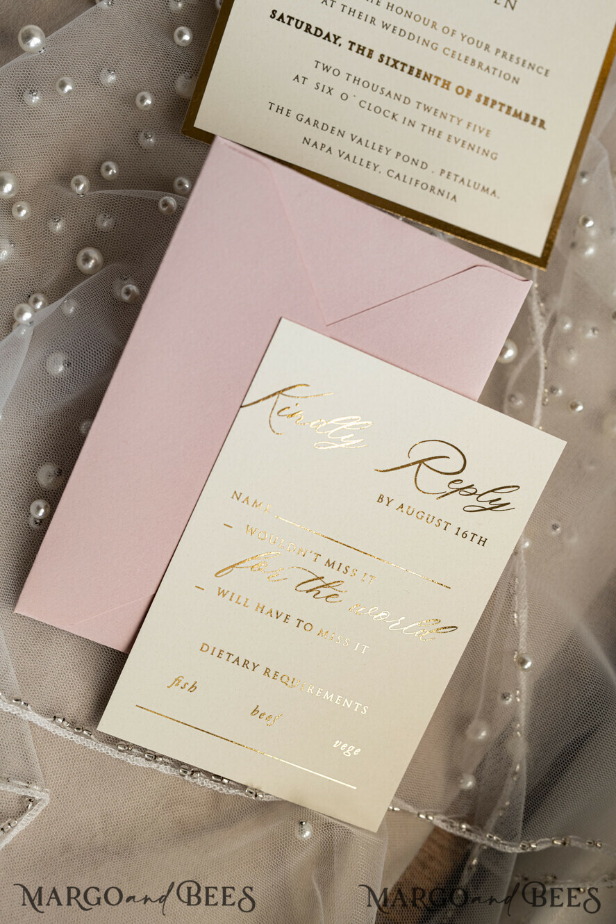 WEDDING INVITATIONS gold / rose gold / silver / glitter Blush Pink Chiffon bow beaded bespoke Elegant Peony Rose Gold Wedding Invitation Suite, White Perls Golden Wedding Cards, Boho golden folder Wedding Stationery, Vellum etui with monogram